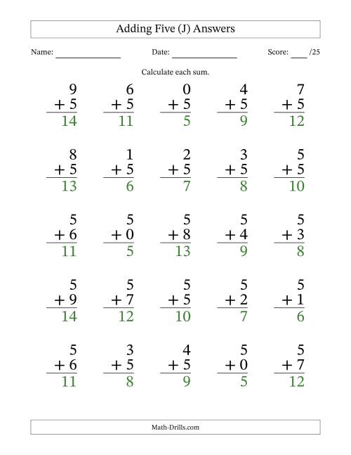 The Adding Five to Single-Digit Numbers – 25 Large Print Questions (J) Math Worksheet Page 2