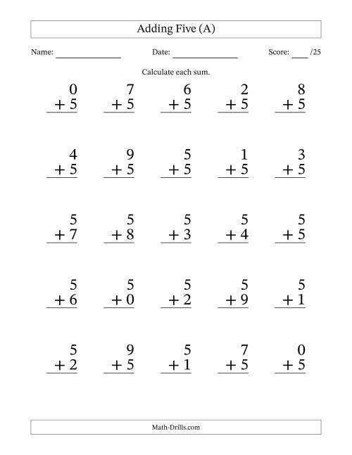 The Adding Five to Single-Digit Numbers – 25 Large Print Questions (All) Math Worksheet