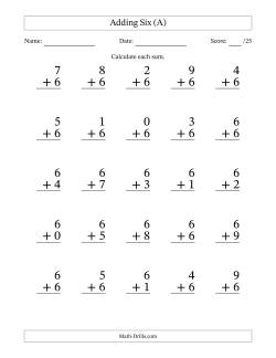 Adding Six to Single-Digit Numbers – 25 Large Print Questions