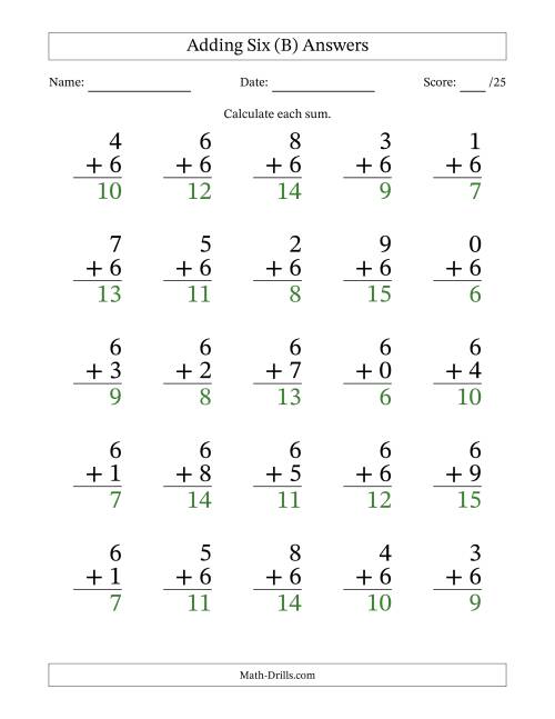 The Adding Six to Single-Digit Numbers – 25 Large Print Questions (B) Math Worksheet Page 2