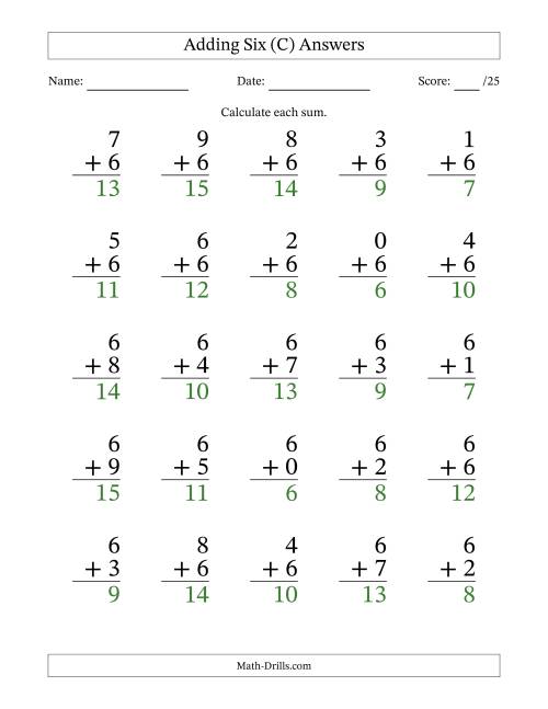 The Adding Six to Single-Digit Numbers – 25 Large Print Questions (C) Math Worksheet Page 2