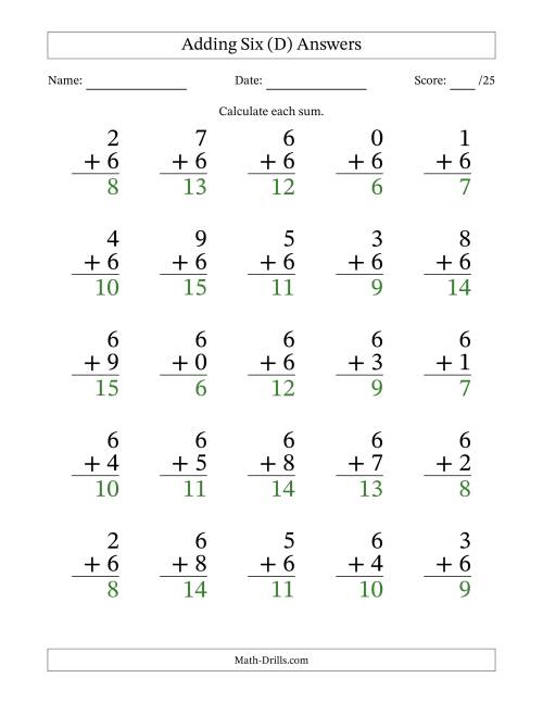 The Adding Six to Single-Digit Numbers – 25 Large Print Questions (D) Math Worksheet Page 2