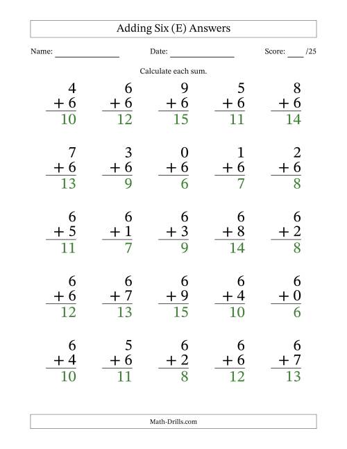 The Adding Six to Single-Digit Numbers – 25 Large Print Questions (E) Math Worksheet Page 2