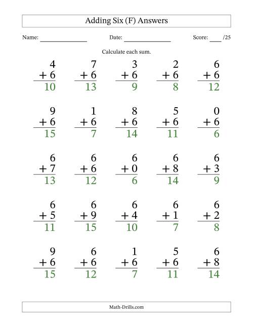 The Adding Six to Single-Digit Numbers – 25 Large Print Questions (F) Math Worksheet Page 2