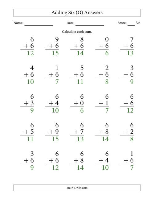 The Adding Six to Single-Digit Numbers – 25 Large Print Questions (G) Math Worksheet Page 2