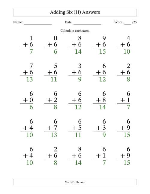 The Adding Six to Single-Digit Numbers – 25 Large Print Questions (H) Math Worksheet Page 2