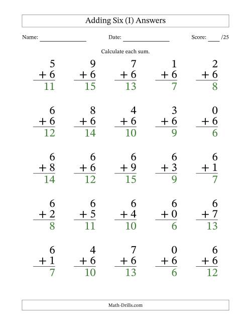 The Adding Six to Single-Digit Numbers – 25 Large Print Questions (I) Math Worksheet Page 2
