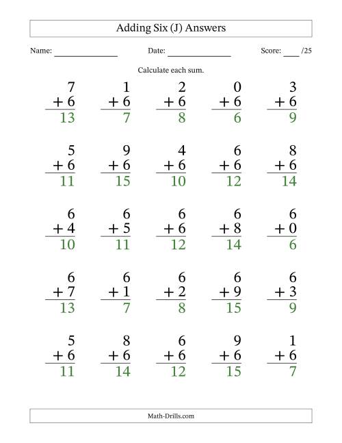 The Adding Six to Single-Digit Numbers – 25 Large Print Questions (J) Math Worksheet Page 2