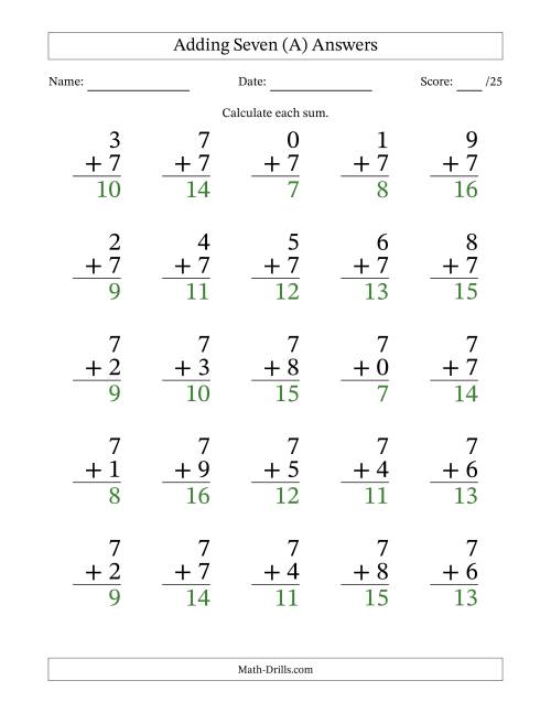 The Adding Seven to Single-Digit Numbers – 25 Large Print Questions (A) Math Worksheet Page 2