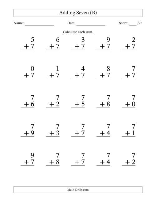 The Adding Seven to Single-Digit Numbers – 25 Large Print Questions (B) Math Worksheet