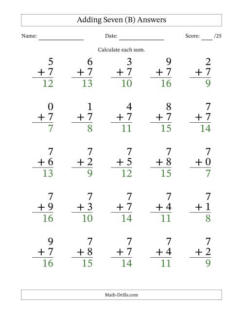 The Adding Seven to Single-Digit Numbers – 25 Large Print Questions (B) Math Worksheet Page 2