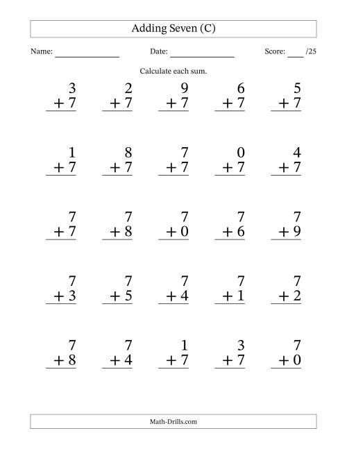 The Adding Seven to Single-Digit Numbers – 25 Large Print Questions (C) Math Worksheet