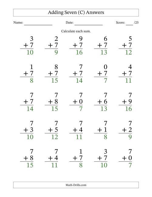 The Adding Seven to Single-Digit Numbers – 25 Large Print Questions (C) Math Worksheet Page 2