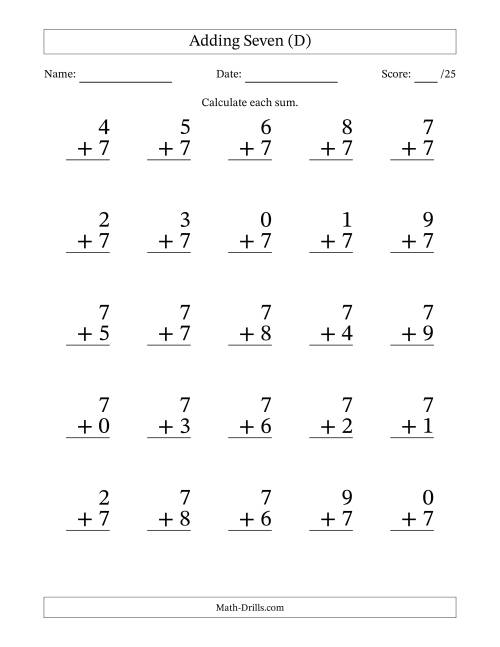 The Adding Seven to Single-Digit Numbers – 25 Large Print Questions (D) Math Worksheet