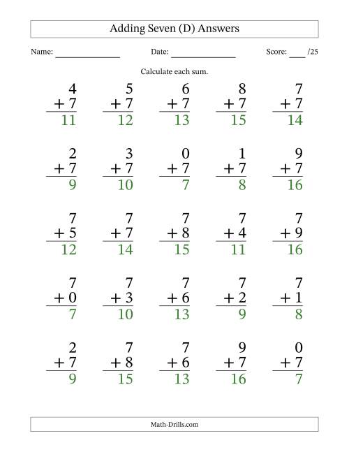 The Adding Seven to Single-Digit Numbers – 25 Large Print Questions (D) Math Worksheet Page 2