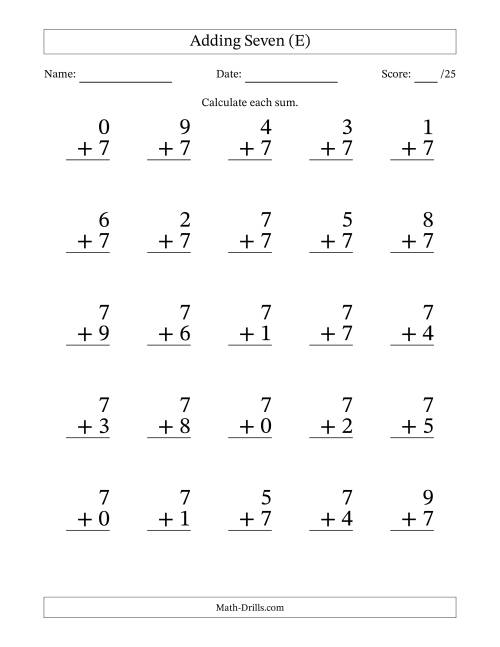 The Adding Seven to Single-Digit Numbers – 25 Large Print Questions (E) Math Worksheet