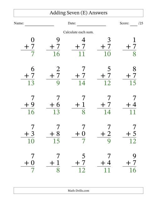 The Adding Seven to Single-Digit Numbers – 25 Large Print Questions (E) Math Worksheet Page 2