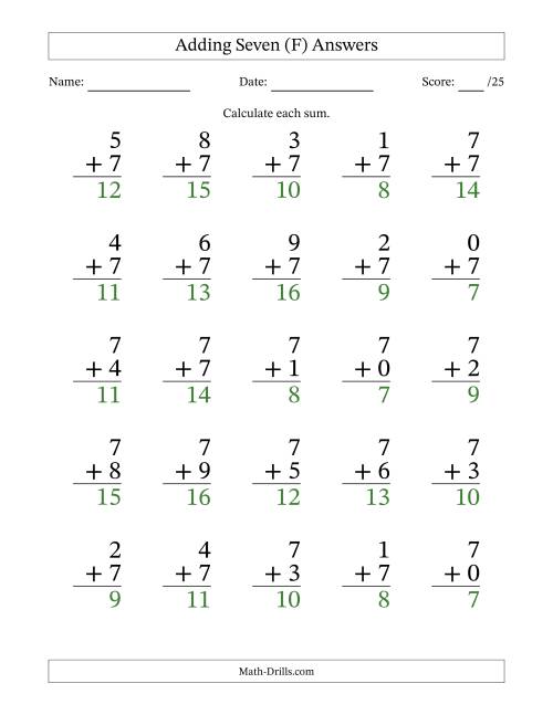 The Adding Seven to Single-Digit Numbers – 25 Large Print Questions (F) Math Worksheet Page 2