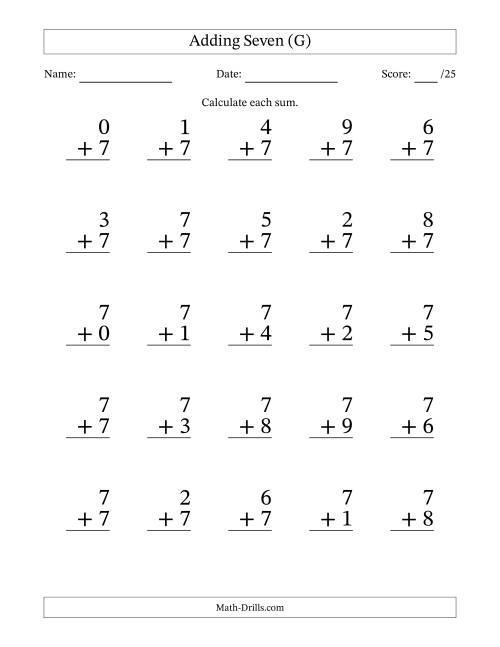 The Adding Seven to Single-Digit Numbers – 25 Large Print Questions (G) Math Worksheet