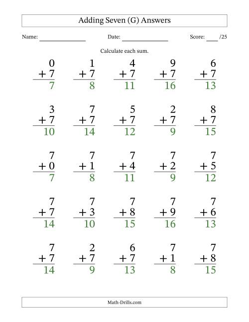 The Adding Seven to Single-Digit Numbers – 25 Large Print Questions (G) Math Worksheet Page 2