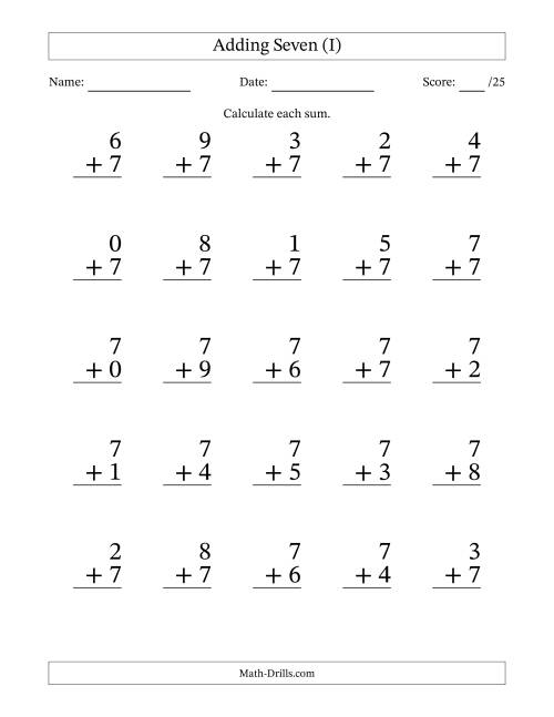 The Adding Seven to Single-Digit Numbers – 25 Large Print Questions (I) Math Worksheet