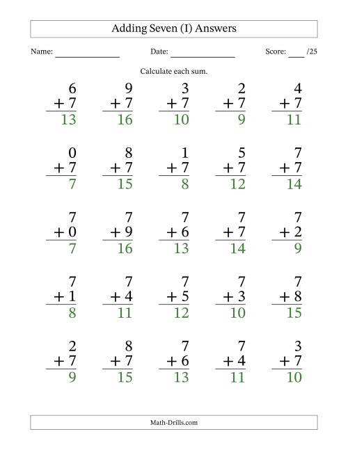 The Adding Seven to Single-Digit Numbers – 25 Large Print Questions (I) Math Worksheet Page 2