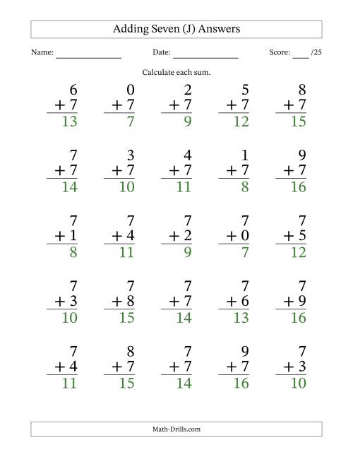 The Adding Seven to Single-Digit Numbers – 25 Large Print Questions (J) Math Worksheet Page 2