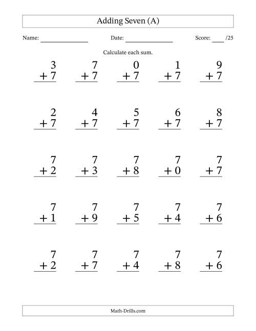 The Adding Seven to Single-Digit Numbers – 25 Large Print Questions (All) Math Worksheet
