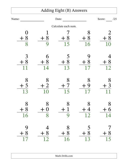 The Adding Eight to Single-Digit Numbers – 25 Large Print Questions (B) Math Worksheet Page 2