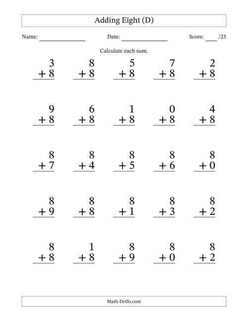 The Adding Eight to Single-Digit Numbers – 25 Large Print Questions (D) Math Worksheet