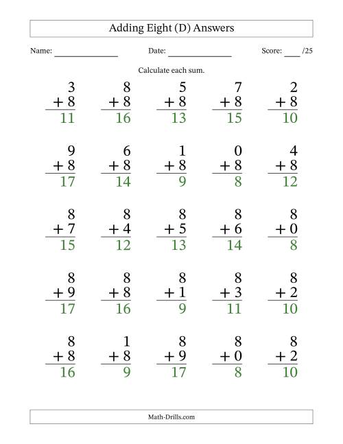 The Adding Eight to Single-Digit Numbers – 25 Large Print Questions (D) Math Worksheet Page 2