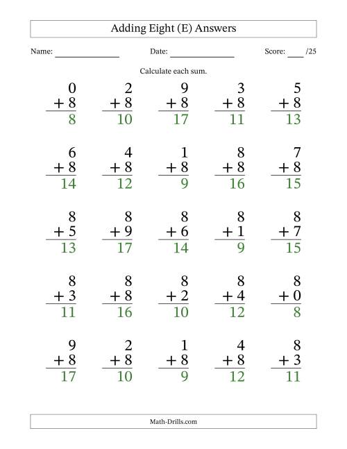 The Adding Eight to Single-Digit Numbers – 25 Large Print Questions (E) Math Worksheet Page 2