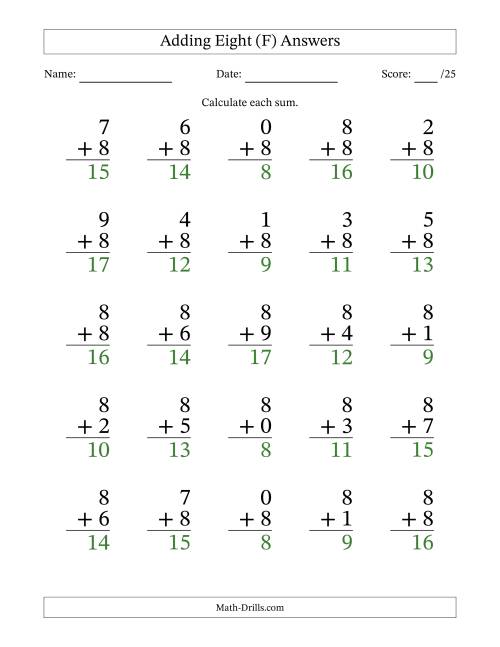 The Adding Eight to Single-Digit Numbers – 25 Large Print Questions (F) Math Worksheet Page 2