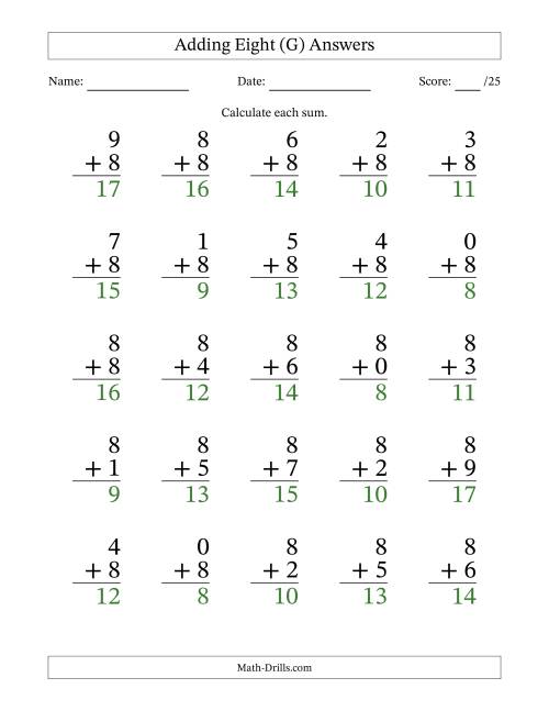 The Adding Eight to Single-Digit Numbers – 25 Large Print Questions (G) Math Worksheet Page 2
