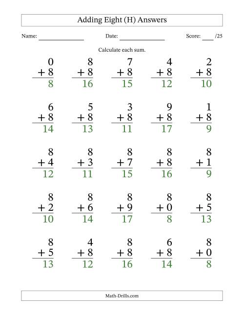 The Adding Eight to Single-Digit Numbers – 25 Large Print Questions (H) Math Worksheet Page 2