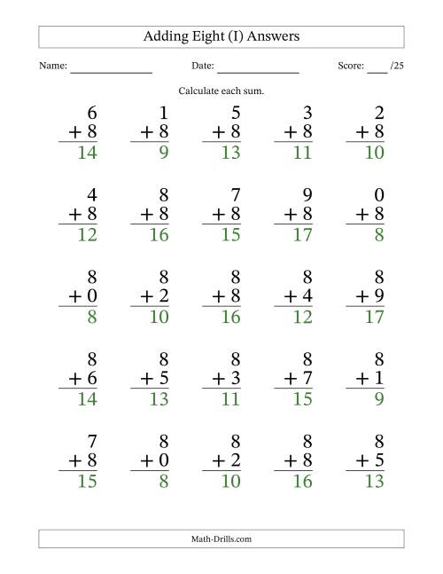 The Adding Eight to Single-Digit Numbers – 25 Large Print Questions (I) Math Worksheet Page 2
