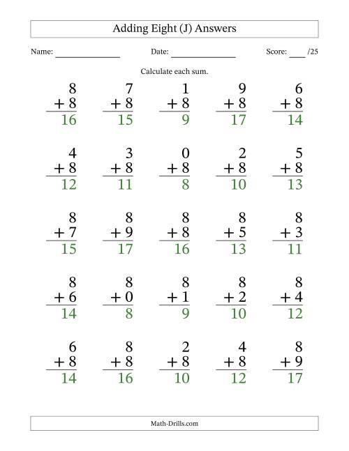 The Adding Eight to Single-Digit Numbers – 25 Large Print Questions (J) Math Worksheet Page 2