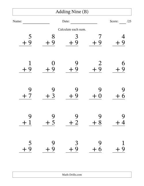 The Adding Nine to Single-Digit Numbers – 25 Large Print Questions (B) Math Worksheet