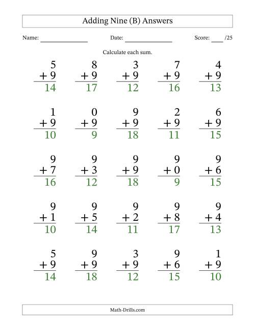 The Adding Nine to Single-Digit Numbers – 25 Large Print Questions (B) Math Worksheet Page 2