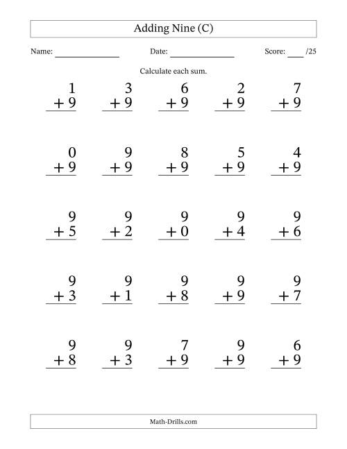 The Adding Nine to Single-Digit Numbers – 25 Large Print Questions (C) Math Worksheet