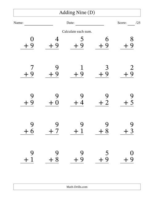 The Adding Nine to Single-Digit Numbers – 25 Large Print Questions (D) Math Worksheet