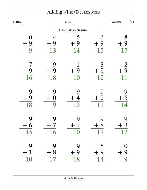 The Adding Nine to Single-Digit Numbers – 25 Large Print Questions (D) Math Worksheet Page 2