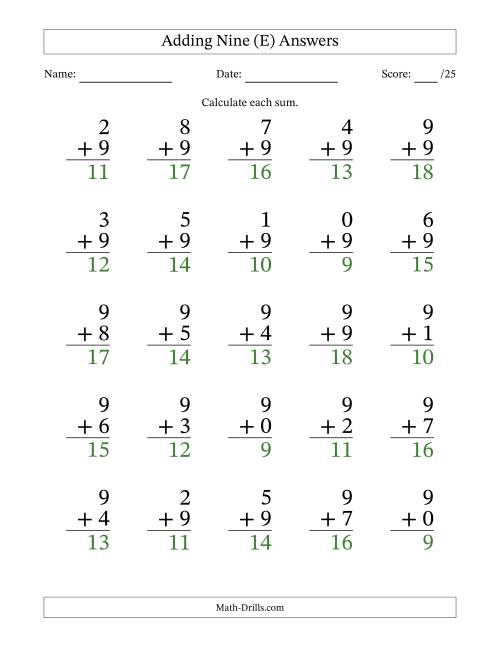 The Adding Nine to Single-Digit Numbers – 25 Large Print Questions (E) Math Worksheet Page 2