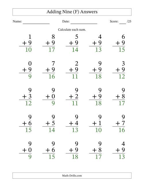 The Adding Nine to Single-Digit Numbers – 25 Large Print Questions (F) Math Worksheet Page 2