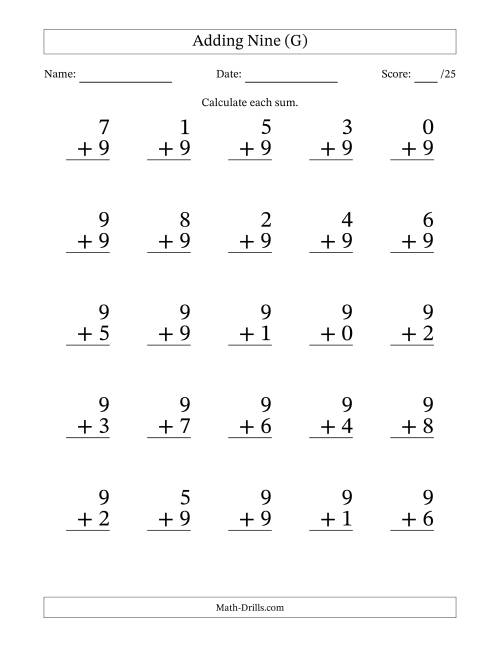 The Adding Nine to Single-Digit Numbers – 25 Large Print Questions (G) Math Worksheet