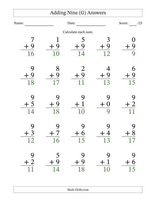 The Adding Nine to Single-Digit Numbers – 25 Large Print Questions (G) Math Worksheet Page 2