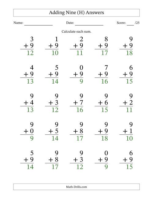 The Adding Nine to Single-Digit Numbers – 25 Large Print Questions (H) Math Worksheet Page 2