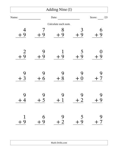 The Adding Nine to Single-Digit Numbers – 25 Large Print Questions (I) Math Worksheet
