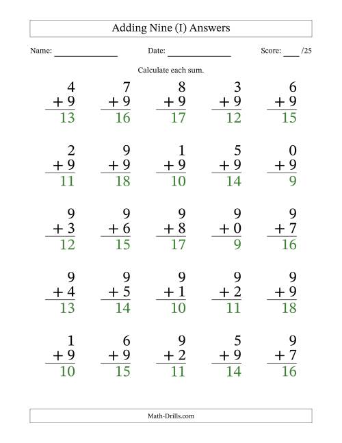 The Adding Nine to Single-Digit Numbers – 25 Large Print Questions (I) Math Worksheet Page 2