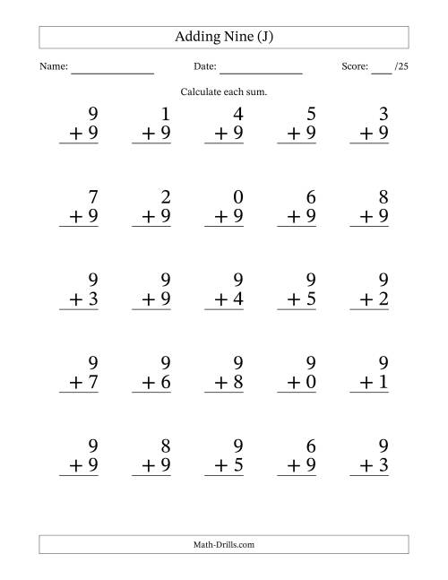 The 25 Adding Nines Questions (J) Math Worksheet
